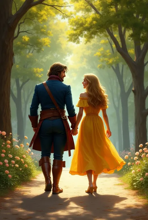 Jean Valjean and Cosette a young girl of 16-18 years old walking through the park in the 1800s Paris. We are like father and daughter just walking side by side. Cosette is blonde