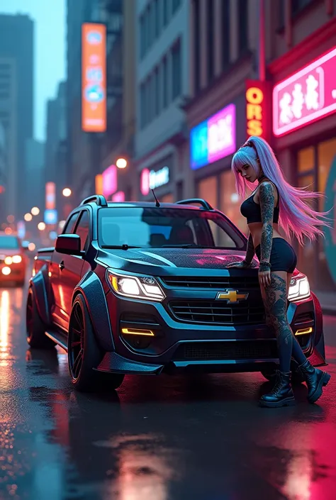 Chevrolet corsa pick up tuning truck with sexy anime woman painting offset rims 