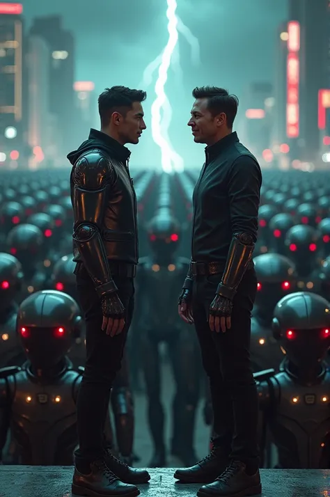 Javier Miley and Elon Musk as evil with an army of robots directing them