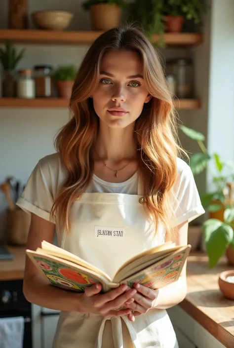 Beautiful woman holding recipe book