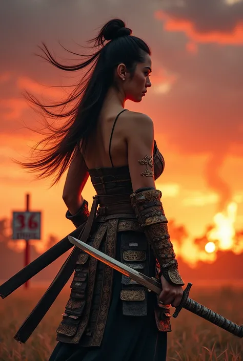 ((Japan Samurai for women)，field of battle，dynamic pose，portrait of upper body、Longsword，armors，fiery sky，crazy details，details Intricate，high resolution，8k，((anatomically correcte)) sign in the background written : 36 photos