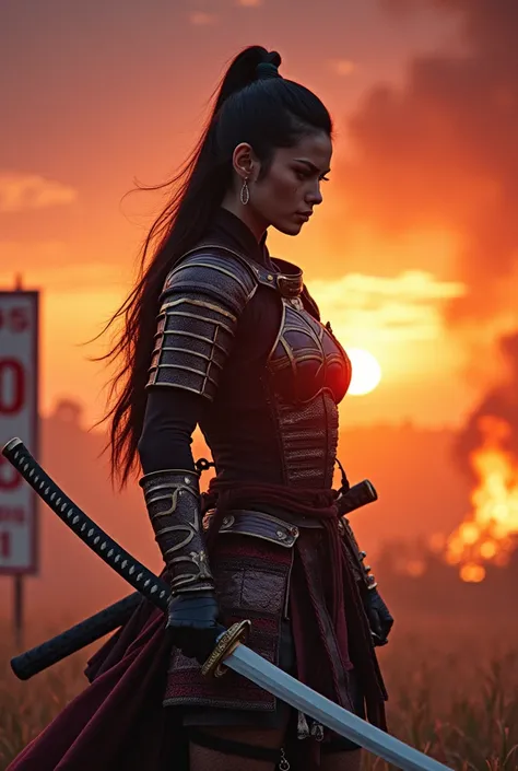 ((Japan Samurai for women)，field of battle，dynamic pose，portrait of upper body、Longsword，armors，fiery sky，crazy details，details Intricate，high resolution，8k，((anatomically correcte)) sign in the background written : 36 photos