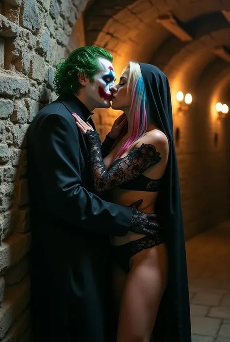 Cinematic image of the priest Joker hugging the Harley Quinn with her back to the wall, she is dressed as a nun and in black and white lace lingerie, and Joker is kissing her neck, which he is enjoying, and Joker is pulling her colorful hair hard.. Harley ...