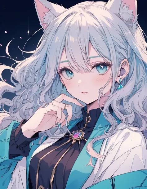 Purple Hair,Long wavy hair, dress,Fox Ears , ((masterpiece, Highest quality:1.5)), ((Beautiful and detailed cat aqua eyes:1.2)), Fox ears, Pale skin, Medium chest, older sister,Beautiful face,Beautiful Hands, Beautiful fingers, Easy Negative