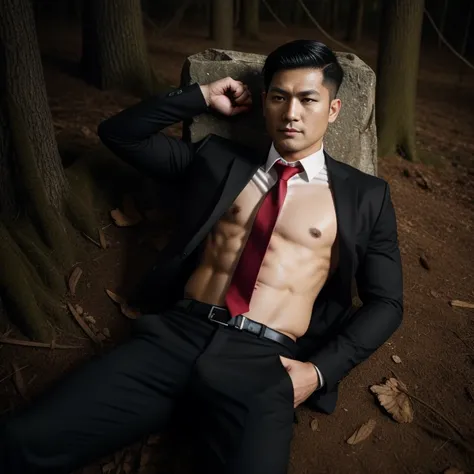 33 years old,One Man,、Black Shirt、Red tie、Black gloves、Forest、Lying on your back on the ground、Get punched in the stomach　logic, ,Black Hair、Very short hair、undercut、Handsome fighter　Asian Face　Stubble、The crotch area of your trousers is bulging　Seen from ...