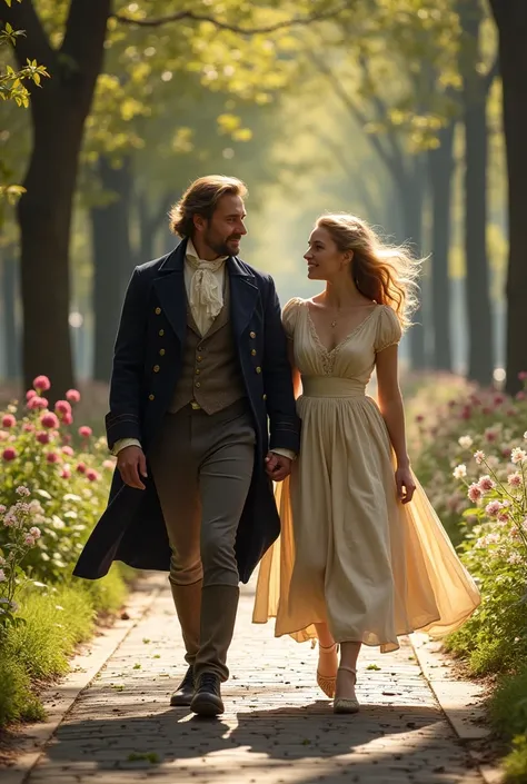 Jean Valjean aged 50 and his 16-18 year old daughter Cosette walking in the park in the 1800s Paris. They are father and daughter just walking side by side without holding hands. Cosette is blonde