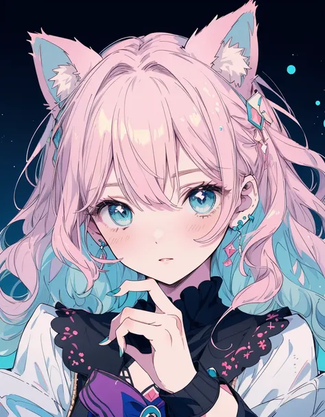 Pink Hair,Medium wavy hair, dress,Bear Ears , ((masterpiece, Highest quality:1.5)), ((Beautiful and detailed cat aqua eyes:1.2)), Bear ears, Pale skin, Medium chest, Cute face,Young,Beautiful Hands, Beautiful fingers, Easy Negative