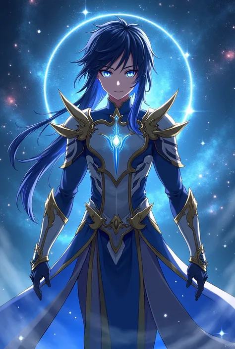 put the name: (The Eminent Divine Spirit), written in the drawing. Create a character, TEENAGE HUMAN MALE WITH ARMOR with JAPANESE ANIME style drawing features, IN a cosmic environment, long black hair with a cobalt blue streak in one hair, cobalt blue eye...