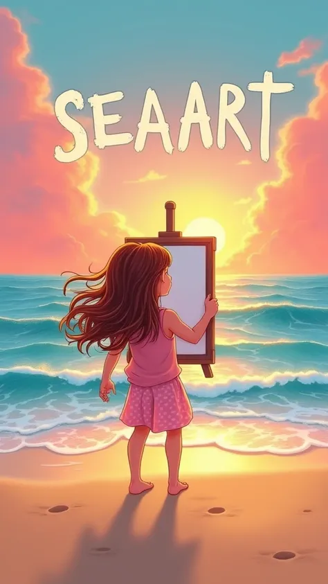 A poster，A girl holding a drawing board and drawing，at the seaside，Text writing SEAART