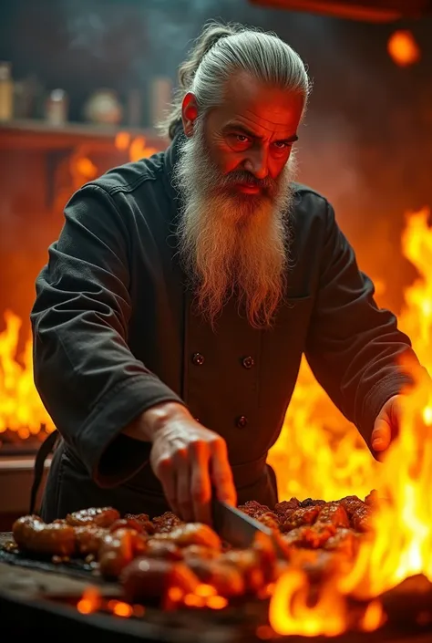 
Character illustrated as a comic The Master of Fire: In a hellish kitchen, illuminated by the flames of a stove, an enigmatic wizard is found. His imposing figure, with a worn chef&#39;s jacket, contrasts with the darkness that surrounds it. With a penetr...