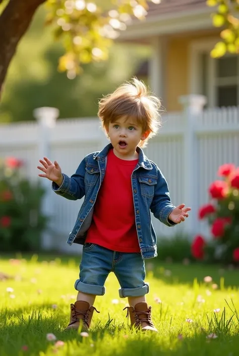 Brown hair drawing red shirt denim jacket, denim shorts brown shoes talking to invisible friend in the backyard of his house with a surprised look on his face