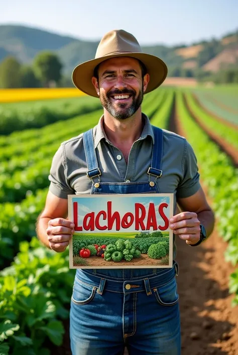 A man standing in a vegetable farm haolding postcard with LachoRAS farms boldly written on it 