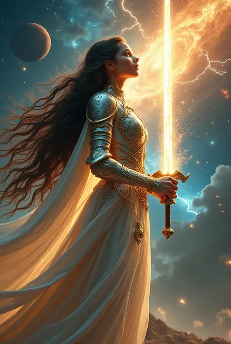 1 girl, ((Our Lady of Guadalupe)), cute face, perfect face, beauty face, very long hair, (silver and gold armor,) (Celestial glow armor), sword on hands, (Lightning and thunder coming out from the armor) , attack position, front pose, Looking at the sky, s...