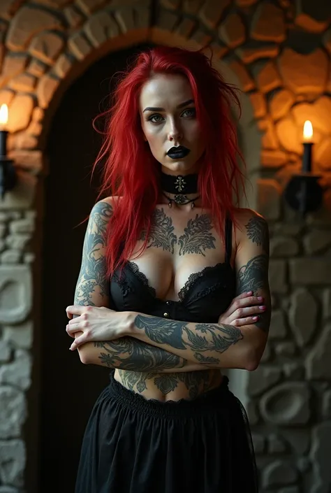 Woman Redhead Gothic Woman Black Lipstick Dirty Body Arms Crossed Without Bra Perfect Breasts Picture NSFW