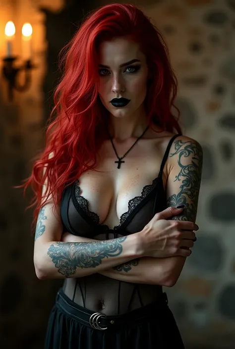 Woman Redhead Gothic Woman Black Lipstick Dirty Body Arms Crossed Without Bra Perfect Breasts Picture NSFW