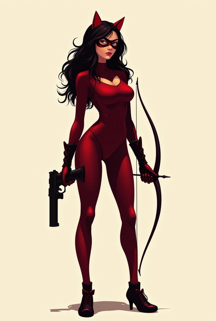 A silhouette of a teen girl wearing red Catwoman suit. Wavy hair. no head gear. Wearing red mascaraed mask. Holding a small gun and bow. Plain background. Semi-realism art