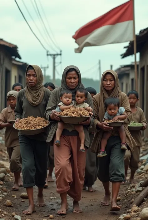 The sad nuances of farmers, laborer, mothers carrying their children while crying, grandmothers carrying worn plates and crying children in shabby clothes in a country and there is a shabby Indonesian flag in the background of a war zone