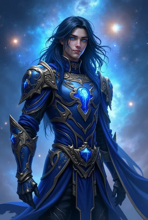 put the name: (The Eminent Divine Spirit), written in the drawing. Create a character, TEENAGE HUMAN MALE WITH ARMOR with JAPANESE ANIME style drawing features, IN a cosmic environment, long black hair with a cobalt blue streak in one hair, cobalt blue eye...