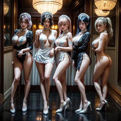 (Full Body of Extremely Detailed((Sexy Maid Group in a row:1.37))), KAWAII perfect face, Reflective Eyes, Detailed(Delicate Clothing textures), Correct Attractive Leg Line, {Dynamic Joyful Expressions LifeLike Rendering|Specular Reflection|Colorful Light p...