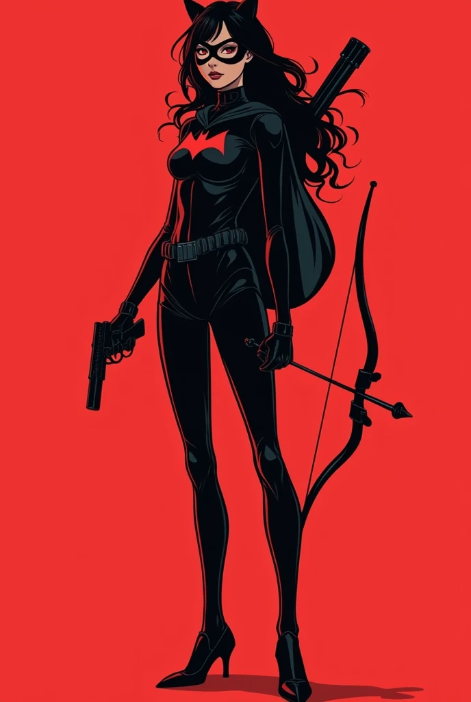 A silhouette of a teen girl wearing red Catwoman suit. Wavy hair. no head gear. Wearing red mascaraed mask. Holding a small gun and bow. Plain background. Semi-realism art