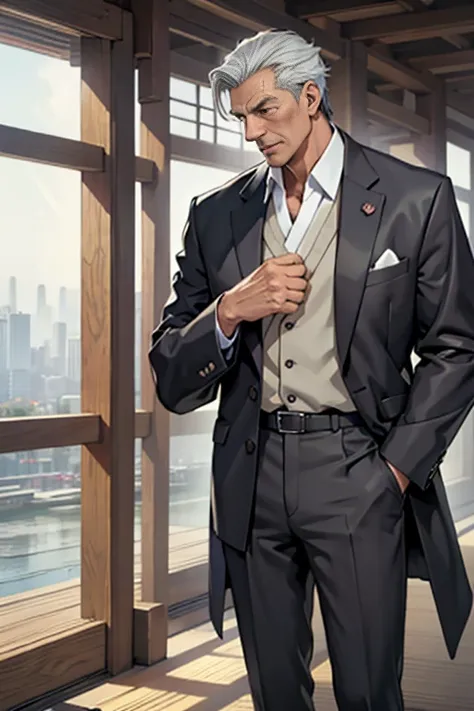 60-year-old elderly male,Tall and lean,Etched wrinkles,Romance Gray,Japanese,sharp businessman,Realistic suit,Sense of luxury,Anime Style,