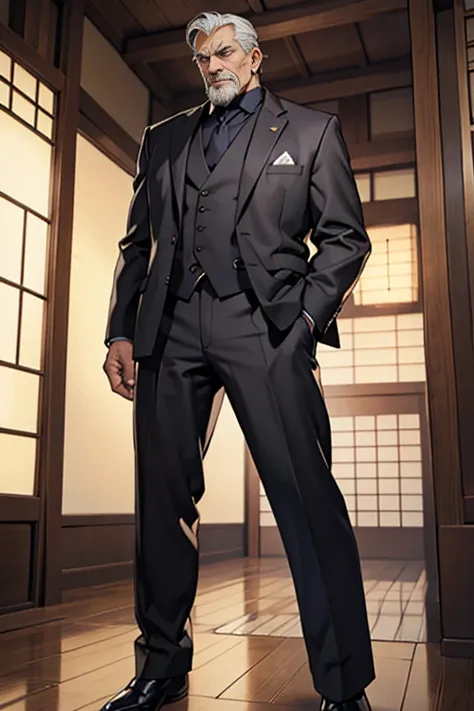 60-year-old elderly male,Tall and lean,Etched wrinkles,Romance Gray,Japanese,sharp businessman,Realistic suit,Sense of luxury,Anime Style,