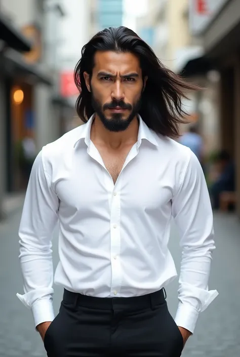 Japanese men。1 person。Facing forward。Long Hair。Mambang Hair。White shirt and black pants。The whole body is facing straight here。Just keep your hair short。Under the nose、He only had a beard on his chin.、Quite long。