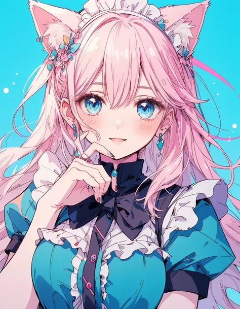 Alice in Wonderland, maid,Pink Hair,long hair, ((masterpiece, Highest quality:1.5)), ((Beautiful and detailed cat aqua eyes:1.2)), Fox ears, Pink Eyes,Cute face,smile,Pale skin, Large Breasts, Beautiful Hands, Beautiful fingers, Easy Negative