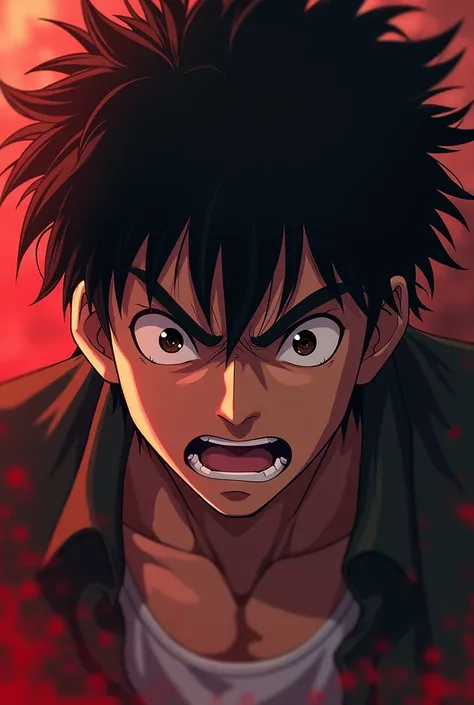 anime style drawing of a strong and powerful boy&#39;s face with a realistic angry look

