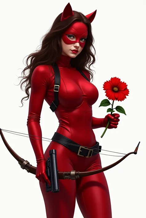 A silhouette of a teen girl wearing red Catwoman suit. Wavy hair. no head gear. Wearing red mascaraed mask. Holding a small gun and bow. Plain background. Semi-realism art. Holding a petunia flower 