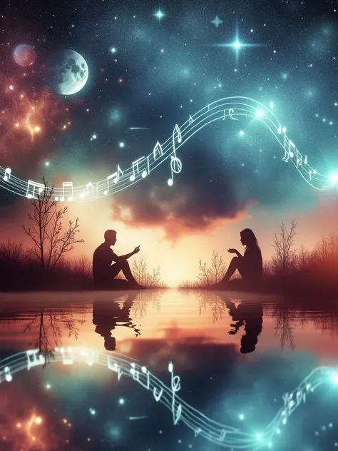 Compose an ethereal image depicting a couple engaged in a romantic dialogue under a starlit sky. The scene is bathed in soft, warm colors, setting a serene and intimate mood. The couple could be sitting near a calm lake, their reflections dance in the wate...