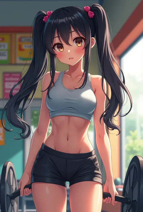 masterpiece, best quality, 1girl, (black hair, long hair, twintails:1.2) brown eyes, cute, gym, (tight gym shorts, tight gym tank top:1.4), (flat chest, slim waist, curvy, bottomheavy, gigantic ass, gigantic thighs, wide hips:1.3)