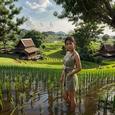 Create an image of a Thai person. The atmosphere of the rice fields is very green and fertile. 