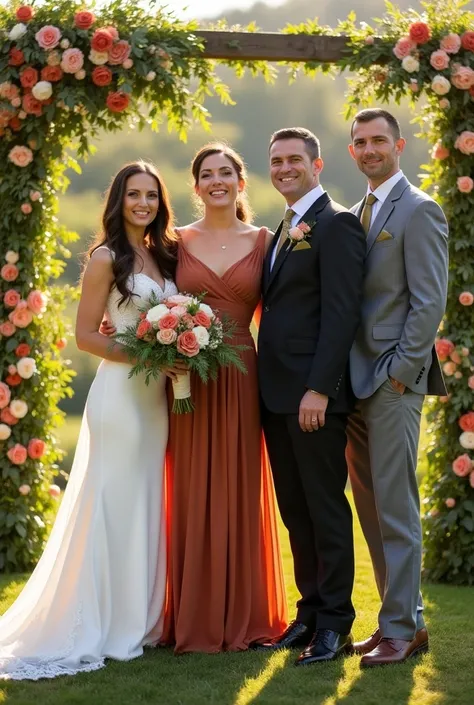 complete wedding woman in rust dress next to bride in white dress next to man in black suit and black tie next to a man in gray jacket and gray pants with olive green tie 



