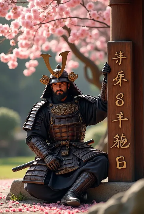 uma placa escrito : 36 Photos, a realistic samurai warrior sitting next to