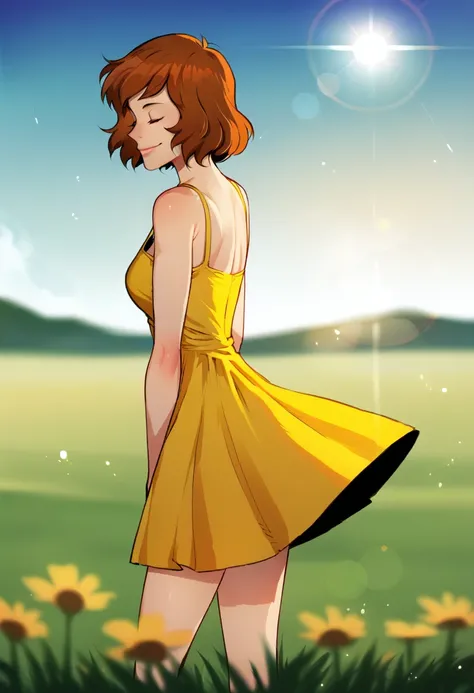 score_9, score_7_up, BREAK   1girl, solo, april oneil, sundress, field, lens flare, depth of field, light particles, yellow dress, from behind, from side, smile, closed eyes,