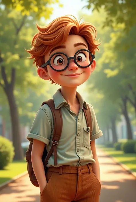 Mick has a round face with round wire-frame glasses, reddish blonde hair with bangs, freckled forehead and face and big brown eyes. He is somewhat chubby and almost as tall as Devon. . Mick wears high-waisted corduroy pants and short-sleeved button-down sh...