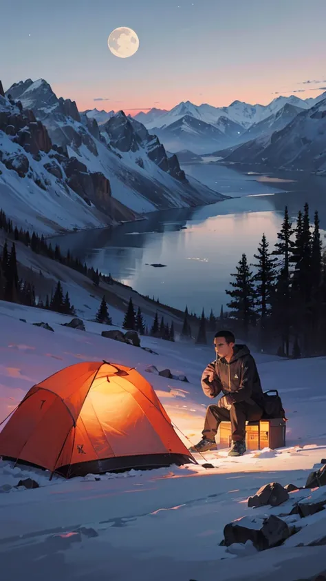 A mountainous place at dusk with the moon rising and a lit camping tent and a man in a hoodie drinking coffee next to a campfire