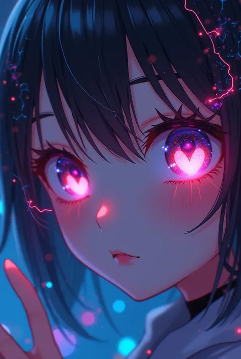 A photo that can only be seen The eyes of an anime girl with her heart-shaped irises and with cyber effects