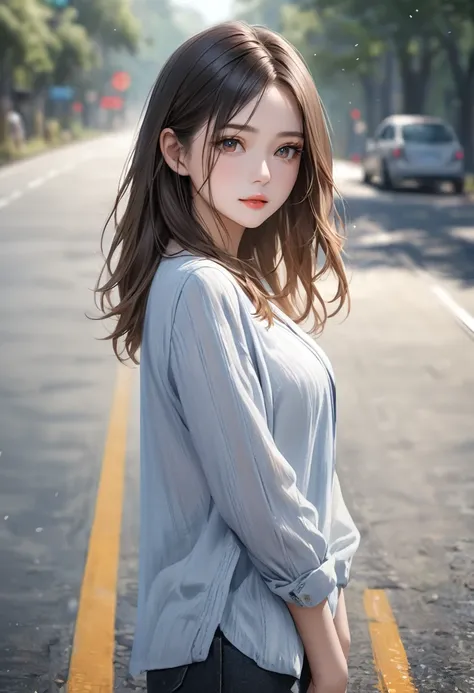 A young woman standing on the road, Blur the background, beautiful, Realistic