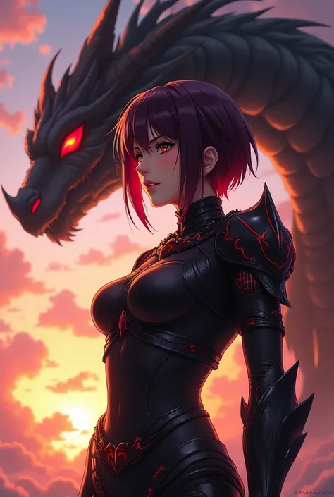 an anime character: A woman with slightly dark skin and brown eyes. Her hair is short with black roots and the rest of her hair is reddish purple with bangs and a layered cut.. She wears armor with red details and the armor is black. Beside him is a black ...