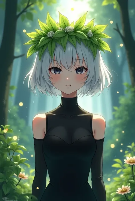 Anime character with a serious but cute face , She has short, white hair and a crown of green leaves., He has white skin and his clothes are black, black eyes , whiter skin than this one in front.
