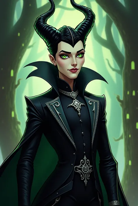 create an image of a character from ever after high green eyes black clothes with a lot of details son of maleficent character man short hair 2d 2d drawing with the same features as ever after high 