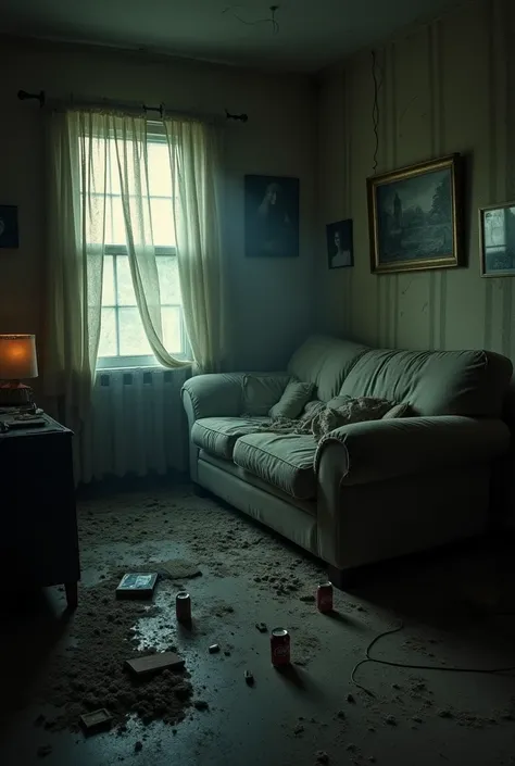 dark living room in a messy house with scattered objects and an upside down sofa.