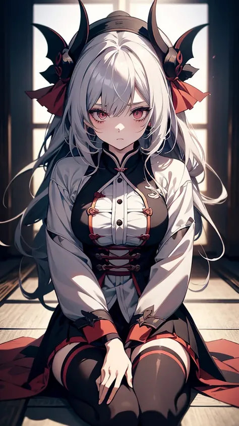 Anime girl with long hair and black and white clothes sitting on the floor, shikamimi, Gothic Maiden Anime, White-haired God, Gap Moe Yandere Grimdark, portrait Gap Moe Yandere Grimdark, Onmyoji portrait, Anime Style 4 k, Anime Style. 8k, Anime Styled, Dev...