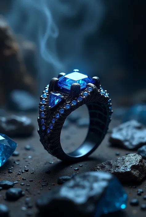 Create a black ring with dark blue diamonds with dragon scales 