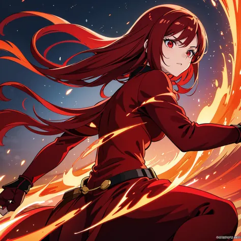 A 19 year old woman, long dark red hair, red eye color, confident and snobbish expression, elegant look, with cold clothes, giving a feeling of domination, in a fighting pose, with a scarlet red fire aura, with wings of fire Background inside the arena of ...