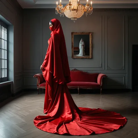 a woman shrouded in a 4-meter-long, plush red satin cloth, tightly bound and grandly draping along the form of her body, flowing...