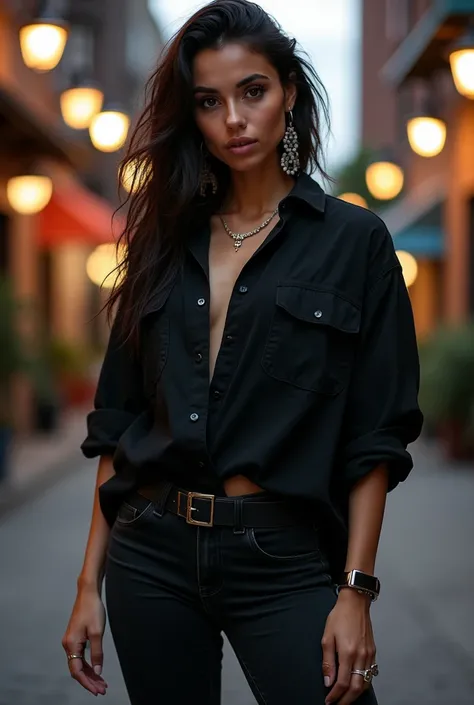 Masculine woman with brunet hair and Brown eyes She IS wearing black owersize shirt with black jeans and Black Combat boots She have 3 pearsings in right ear and 2 pearsings in left ear and 1 in lip on left side 