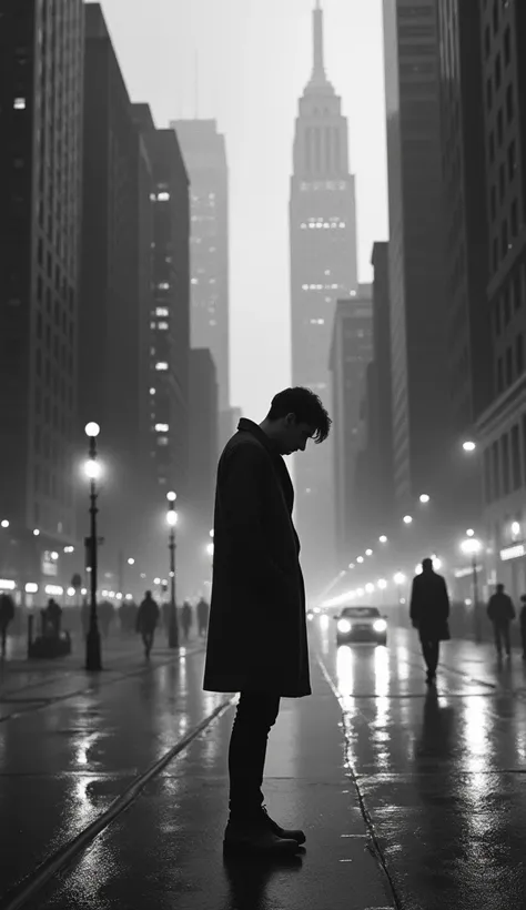 Draw a sad wallpaper with a person in a black and white city、male